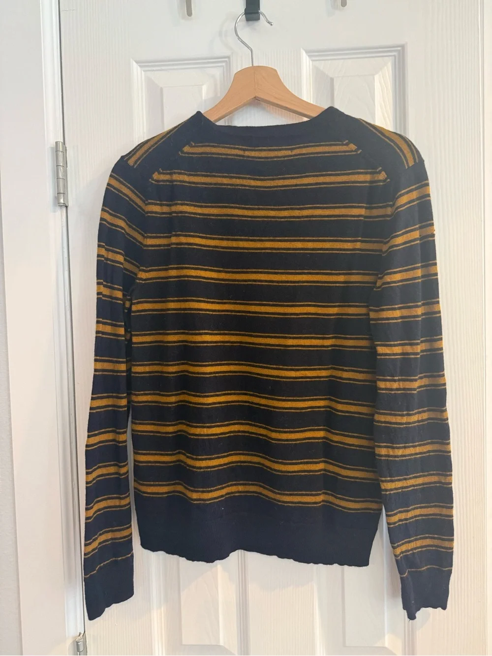 Banana Republic Men's Navy Crewneck Sweater with Mustard Stripes
